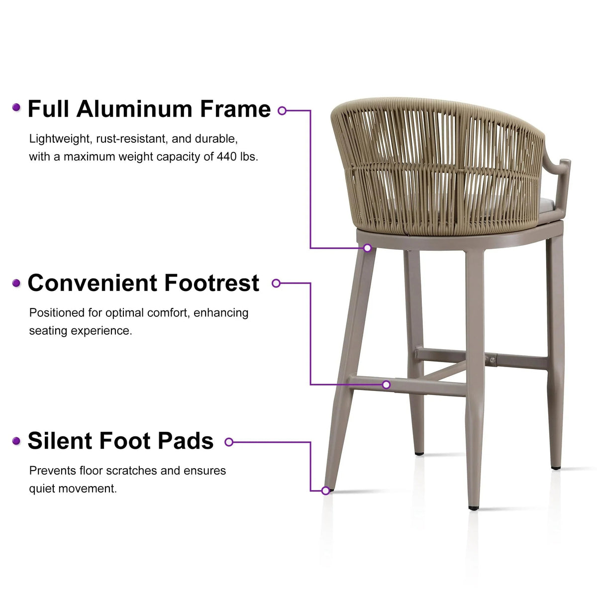 PURPLE LEAF Patio Bar Stools Set of 2 Outdoor Wicker Modern High Bar Chairs Metal Cushioned Barstools with Backs and Ergonomic Armrest