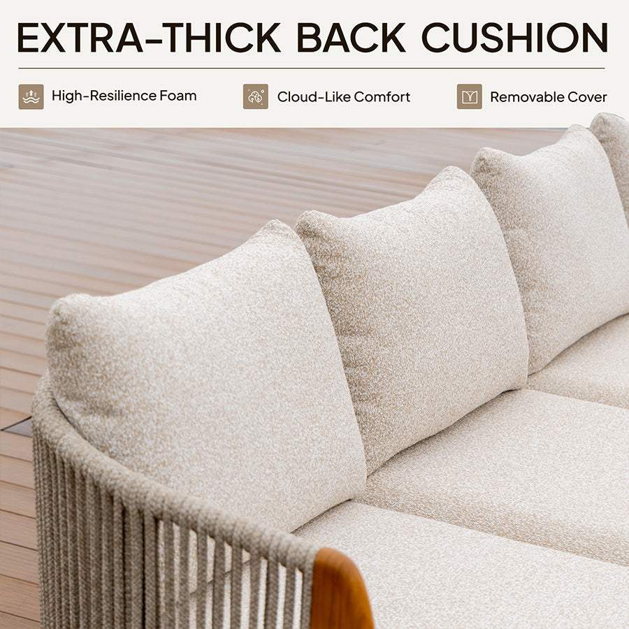 PURPLE LEAF Hailar U-Shaped Patio Conversation Set with Genuine Teak Cushions and Pillows Olefin Rope Backrest Outdoor Couch Sets for Porch Garden