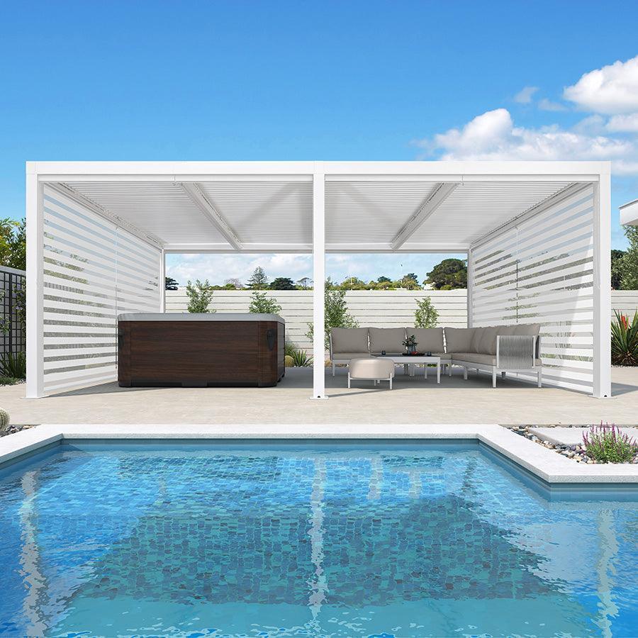 PURPLE LEAF Athena Louvered Pergola White Outdoor Aluminum Pergola with Roller Blind Adjustable Gazebo for Patio Deck Garden