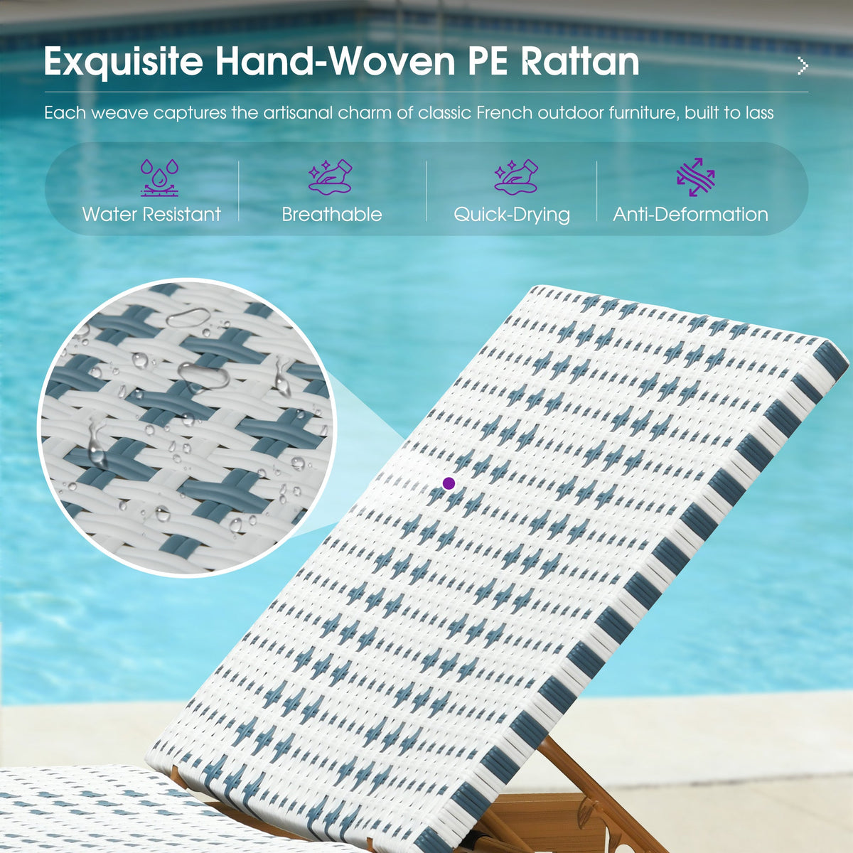 PURPLE LEAF Outdoor Teak Chaise Lounge Chair, Wood Grain Aluminum Outdoor Pool Lounge Chairs with Adjustable Backrest, Breathable Recliner for Patio, Poolside, Garden