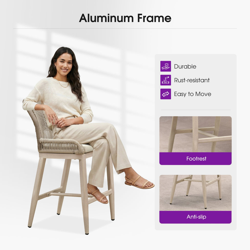 PURPLE LEAF Patio Bar Stools Counter Stools Outdoor Rattan Chairs with Back Modern Aluminum Woven Barstools for Garden Patio Kitchen Indoor