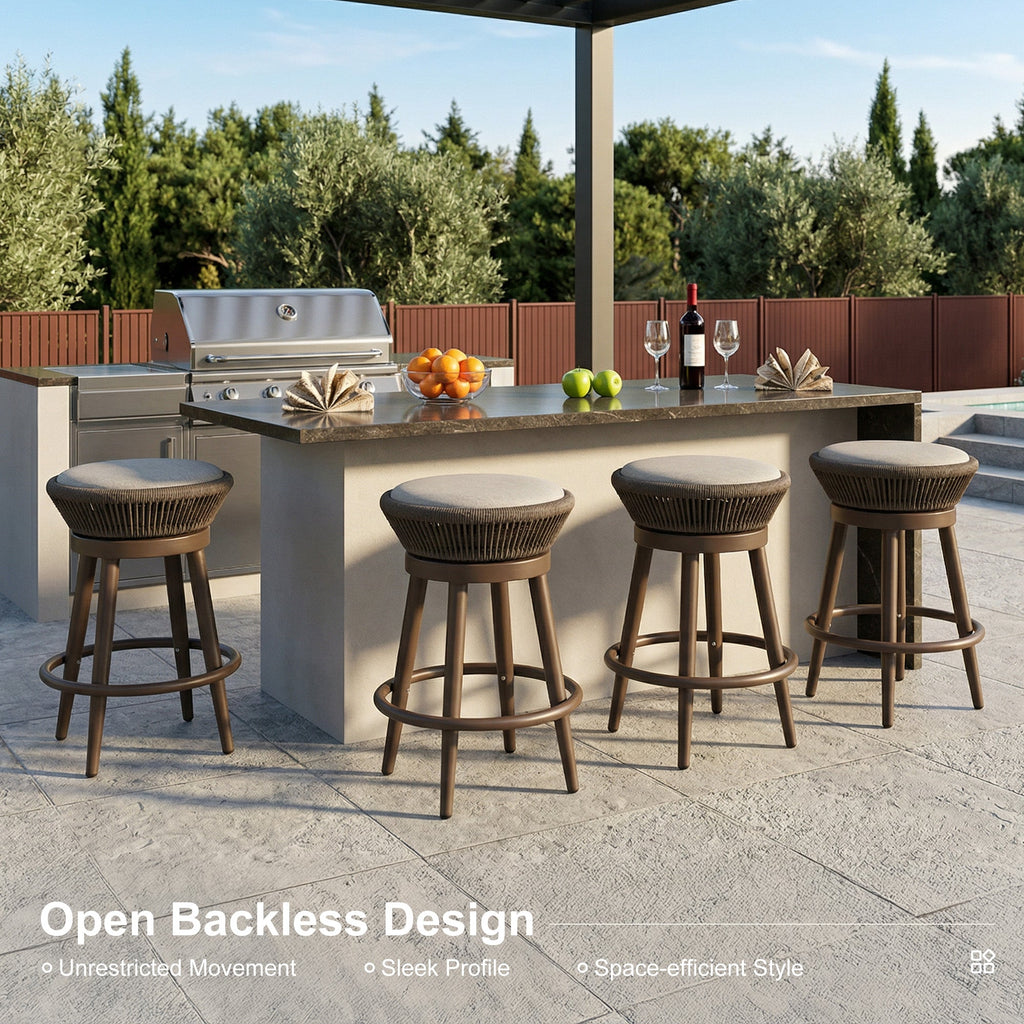 PURPLE LEAF Outdoor Swivel Bar Stools Set of 2 Metal Modern Rattan Bar Chairs with Backrest Aluminum Woven Barstools with Cushions