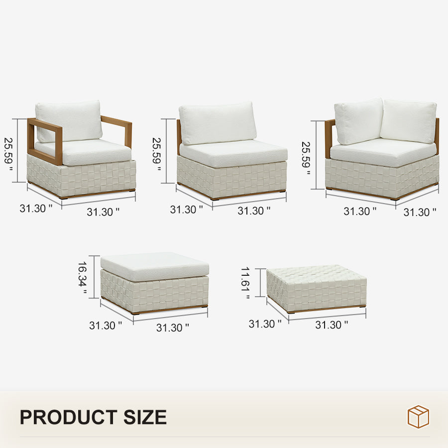 PURPLE LEAF Griffin L-shaped Patio Conversation Set White with Cushion Pillows Ottoman and Premium Leather for Patio Balcony