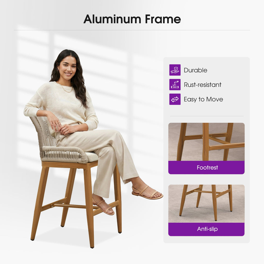 PURPLE LEAF Patio Bar Stools Counter Stools Outdoor Rattan Chairs with Back Modern Aluminum Woven Barstools for Garden Patio Kitchen Indoor
