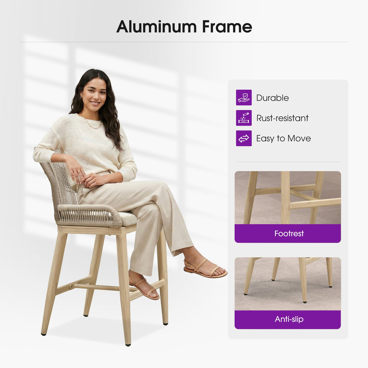 PURPLE LEAF Patio Bar Stools Counter Stools Outdoor Rattan Chairs with Back Modern Aluminum Woven Barstools for Garden Patio Kitchen Indoor