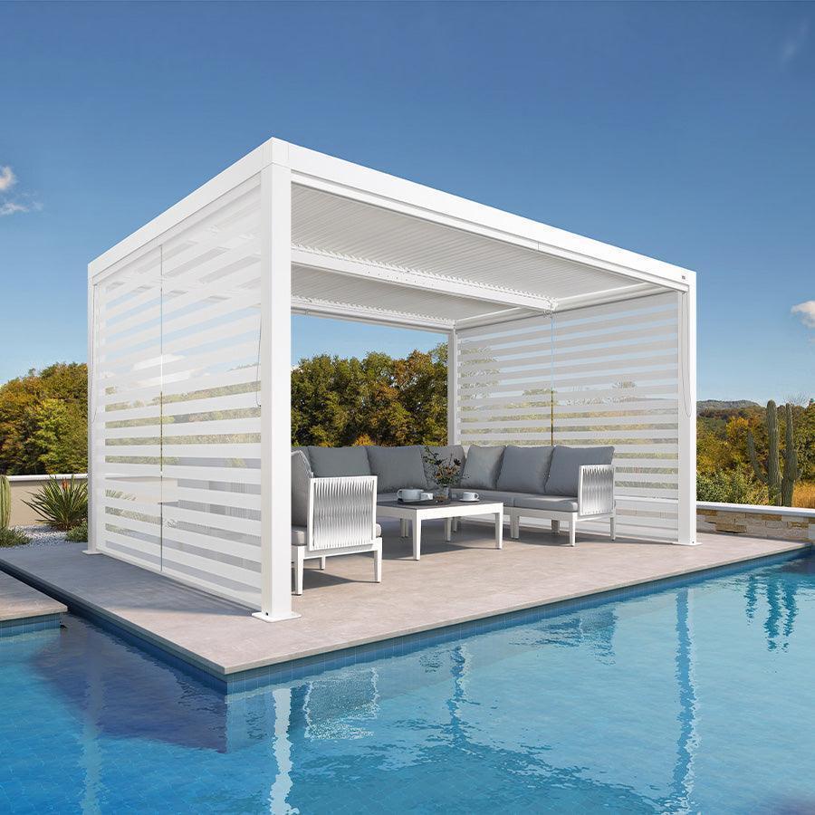 PURPLE LEAF Athena Louvered Pergola White Outdoor Aluminum Pergola with Roller Blind Adjustable Gazebo for Patio Deck Garden