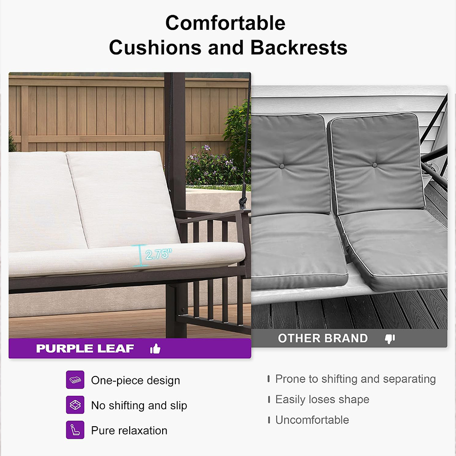 PURPLE LEAF 3-Seat Outdoor Metal Pergola Swing Bed Hanging Cloud Black rope Swing Chair with Stand Cushions & Pillows for Outdoor