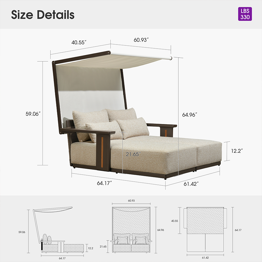 PURPLE LEAF Luxury Double Chaise Lounge Chair Outdoor Premium Aluminum Lounger with Teak Trim Armrest and 4 Pillows Modern Daybed with Textilene Canpoy for Pool Backyard Deck Garden