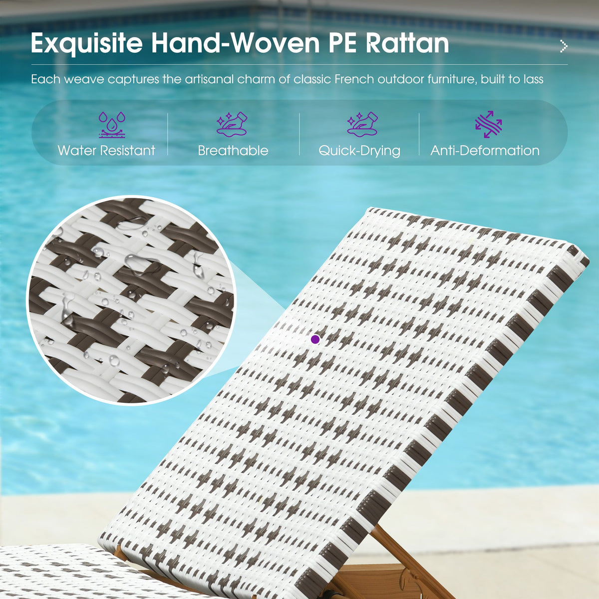 PURPLE LEAF Outdoor Teak Chaise Lounge Chair, Wood Grain Aluminum Outdoor Pool Lounge Chairs with Adjustable Backrest, Breathable Recliner for Patio, Poolside, Garden