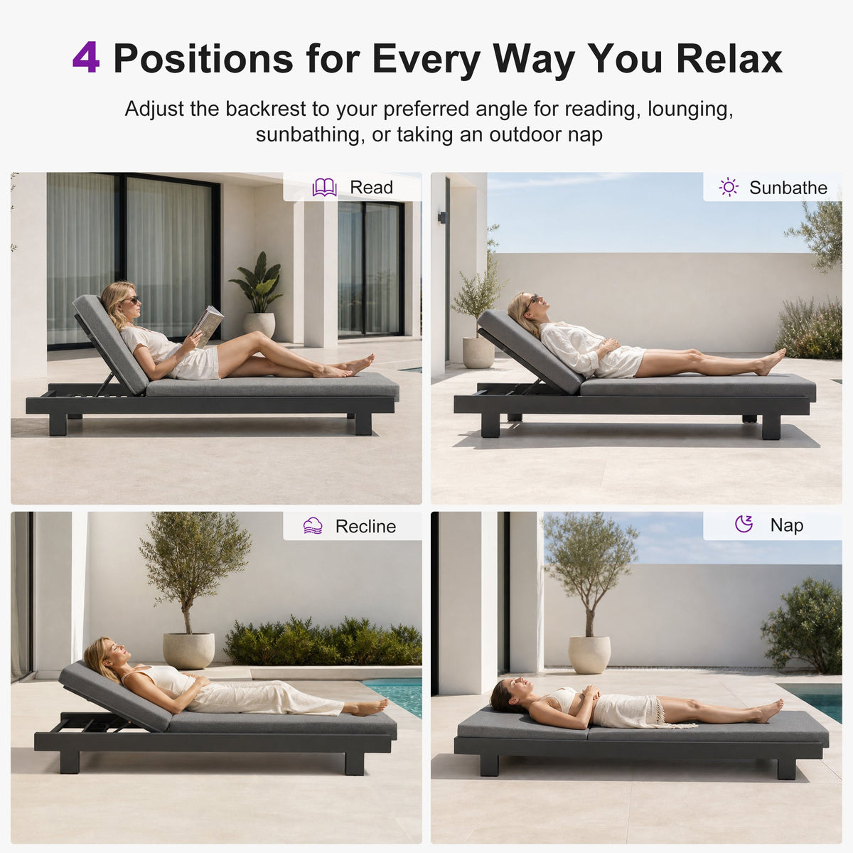 PURPLE LEAF Outdoor Standard Daybed for Patio,  Poolside Chaise Lounge Bed with Cushion, Olefin Blend Fabric, Aluminum Frame Sunbed for Deck and Backyard