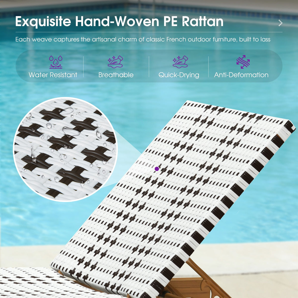 PURPLE LEAF Outdoor Teak Chaise Lounge Chair, Wood Grain Aluminum Outdoor Pool Lounge Chairs with Adjustable Backrest, Breathable Recliner for Patio, Poolside, Garden
