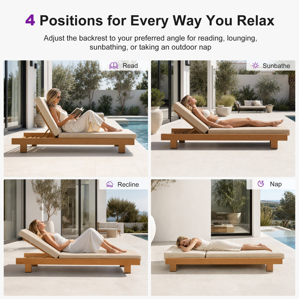 PURPLE LEAF Outdoor Standard Daybed for Patio,  Poolside Chaise Lounge Bed with Cushion, Olefin Blend Fabric, Aluminum Frame Sunbed for Deck and Backyard