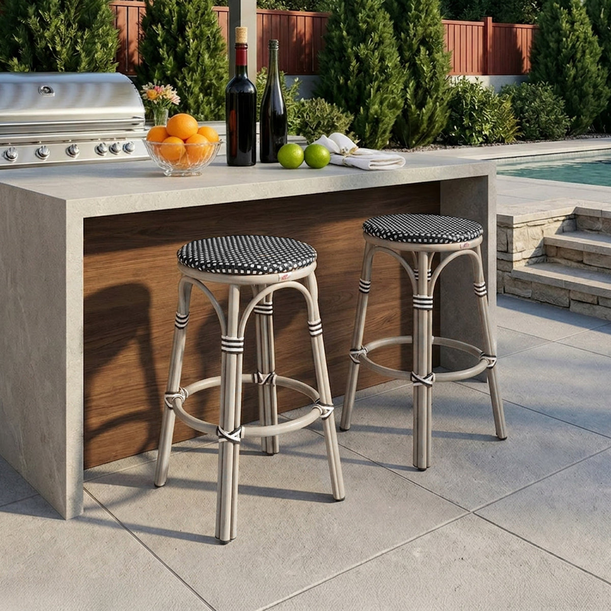 PURPLE LEAF Patio French Round Counter Stool Set of 2 Rattan Backless Stackable Barstools Aluminum Frame Footrest with Woven Wicker for Outdoor Kitchen Yard