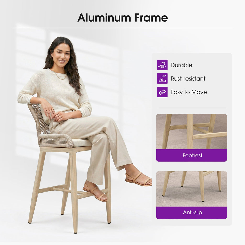 PURPLE LEAF Patio Bar Stools Counter Stools Outdoor Rattan Chairs with Back Modern Aluminum Woven Barstools for Garden Patio Kitchen Indoor