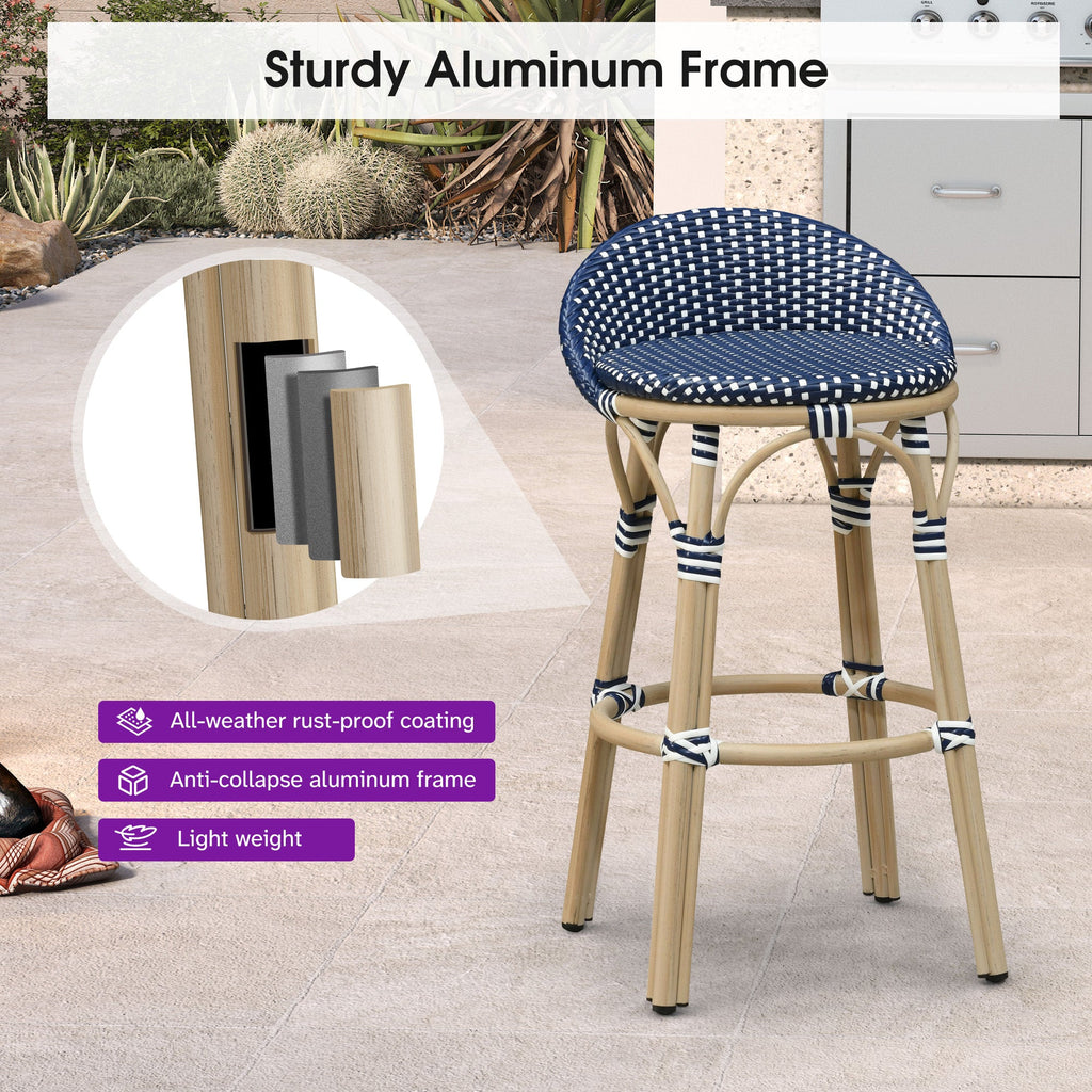 PURPLE LEAF Patio Oversized Backrest Bar Height Stool Set of 2 Outdoor Round Barstools Aluminum Frame Woven Rattan for Indoor Kitchen Dining Bistros Cafe Restaurant