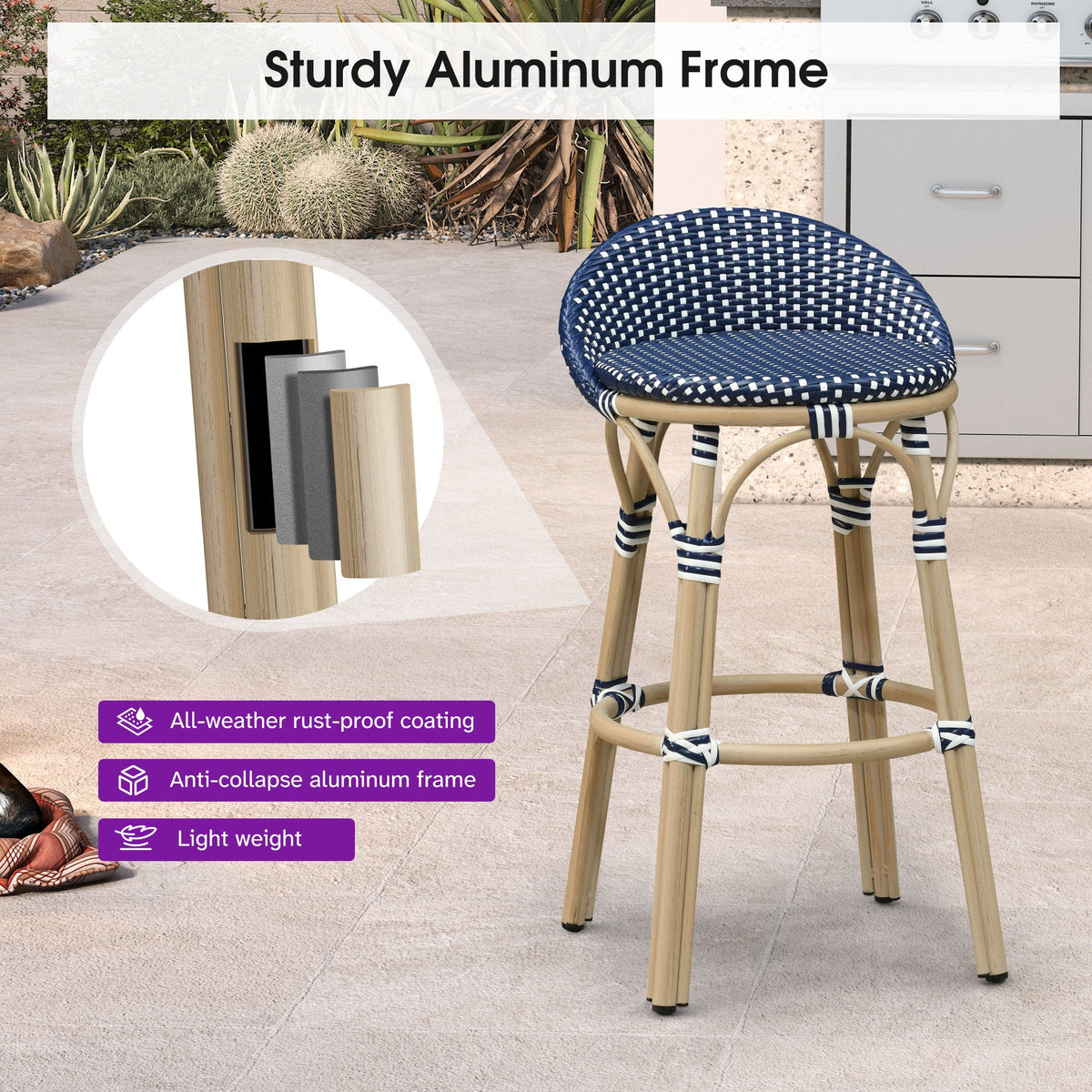 PURPLE LEAF Patio Oversized Backrest Bar Height Stool Set of 2 Outdoor Round Barstools Aluminum Frame Woven Rattan for Indoor Kitchen Dining Bistros Cafe Restaurant