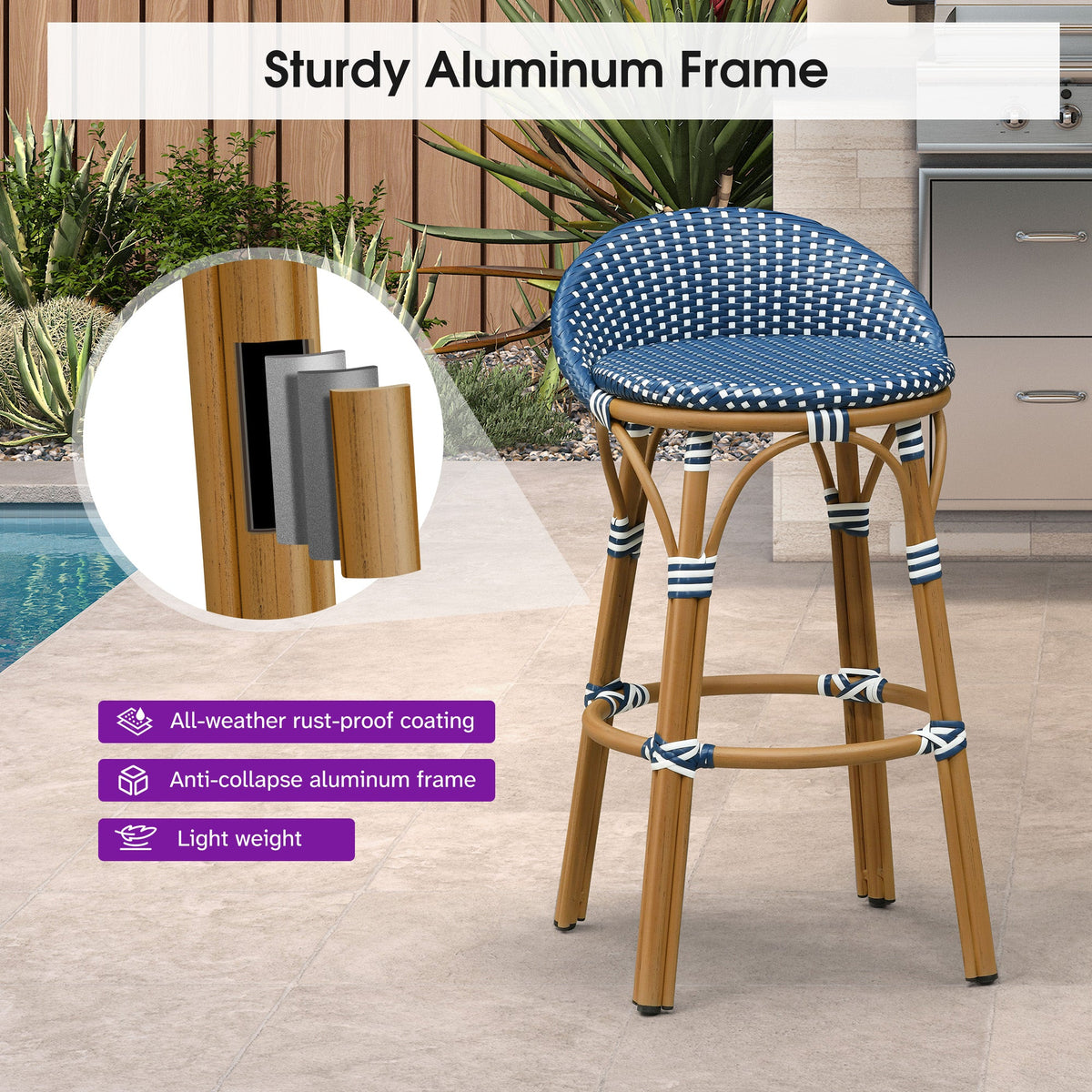 PURPLE LEAF Patio Oversized Backrest Bar Height Stool Set of 2 Outdoor Round Barstools Aluminum Frame Woven Rattan for Indoor Kitchen Dining Bistros Cafe Restaurant