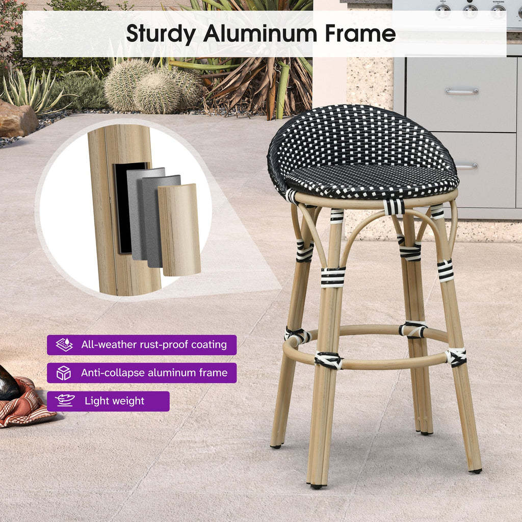 PURPLE LEAF Patio Oversized Backrest Bar Height Stool Set of 2 Outdoor Round Barstools Aluminum Frame Woven Rattan for Indoor Kitchen Dining Bistros Cafe Restaurant