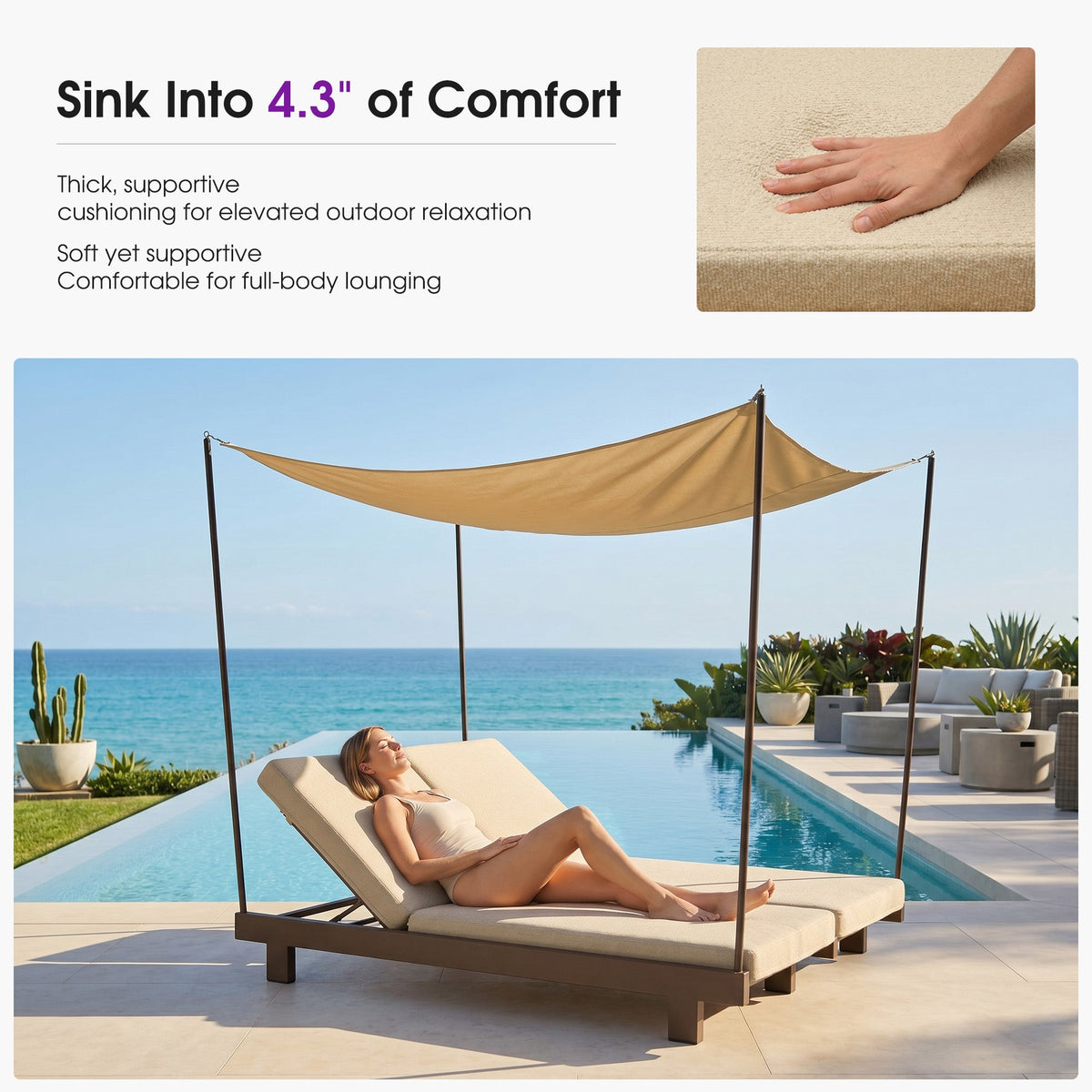 PURPLE LEAF Outdoor Luxury Daybed for Patio,  Poolside Chaise Lounge Bed with Cushion, Olefin Blend Fabric, Aluminum Frame Sunbed for Deck and Backyard