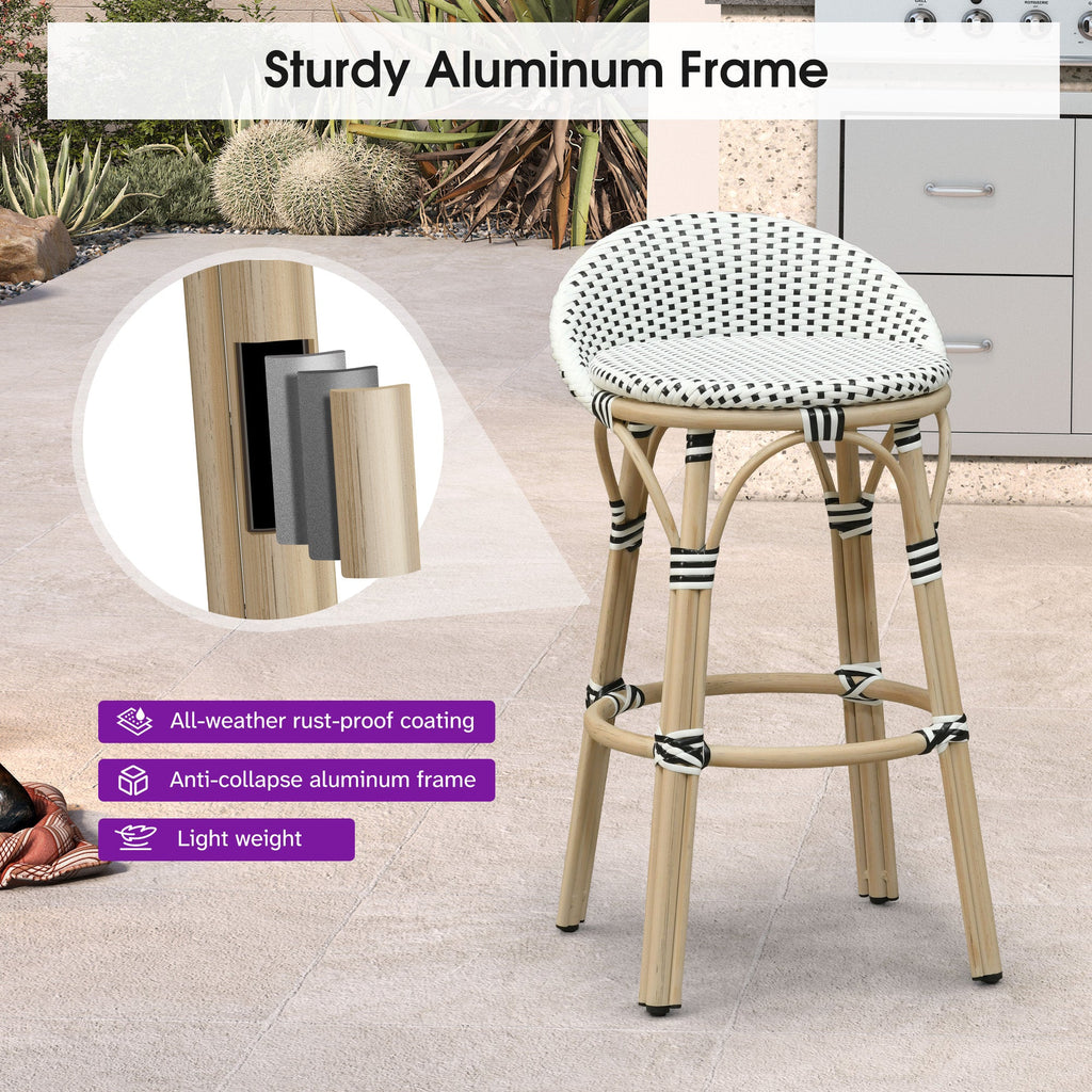 PURPLE LEAF Patio Oversized Backrest Bar Height Stool Set of 2 Outdoor Round Barstools Aluminum Frame Woven Rattan for Indoor Kitchen Dining Bistros Cafe Restaurant