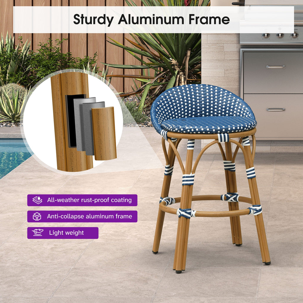 PURPLE LEAF Patio Oversized Backrest Bar Height Stool Set of 2 Outdoor Round Barstools Aluminum Frame Woven Rattan for Indoor Kitchen Dining Bistros Cafe Restaurant