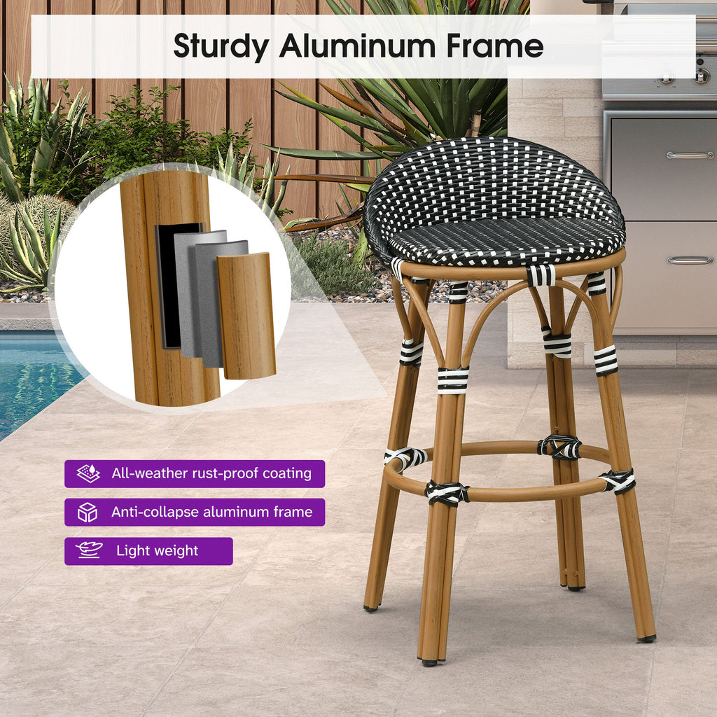 PURPLE LEAF Patio Oversized Backrest Bar Height Stool Set of 2 Outdoor Round Barstools Aluminum Frame Woven Rattan for Indoor Kitchen Dining Bistros Cafe Restaurant