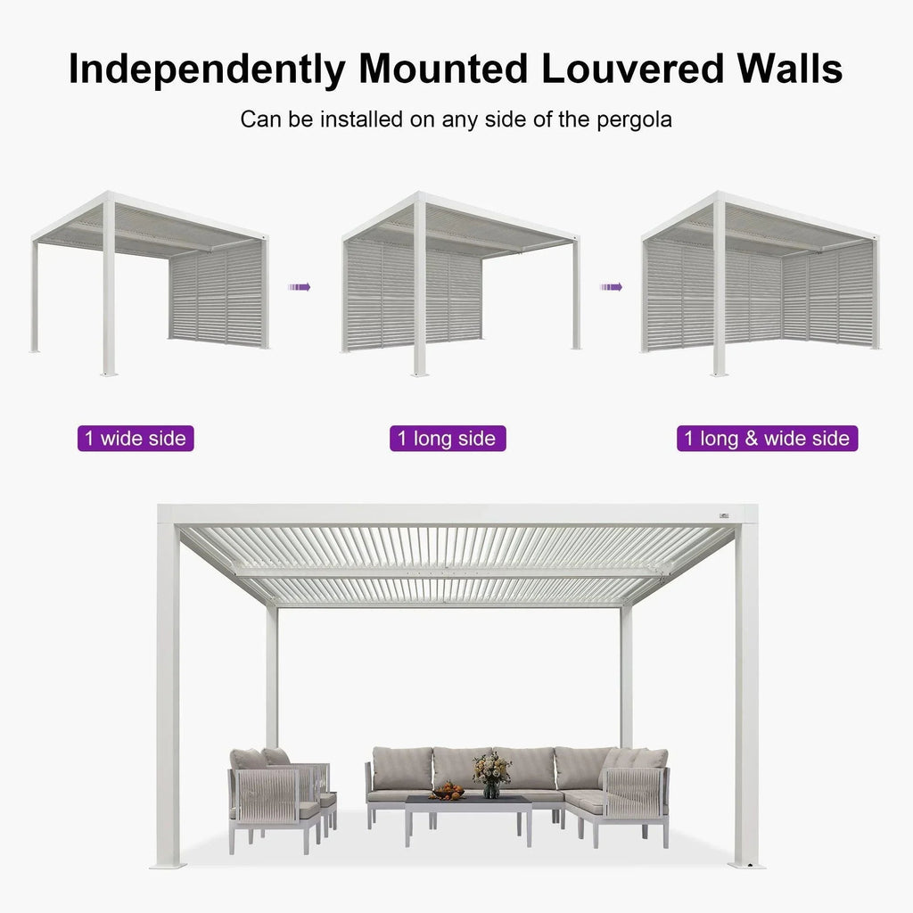 PURPLE LEAF Athena Louvered Pergola white Outdoor Aluminum Pergola with Shutter Wall Adjustable Gazebo Rainproof for Patio Deck Garden