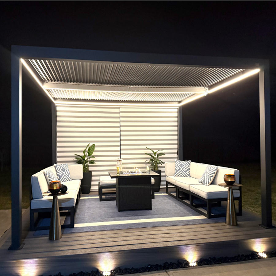 PURPLE LEAF Athena Louvered Pergola Grey Outdoor Aluminum Pergola with Strip Lights Adjustable Gazebo for Patio Deck Garden