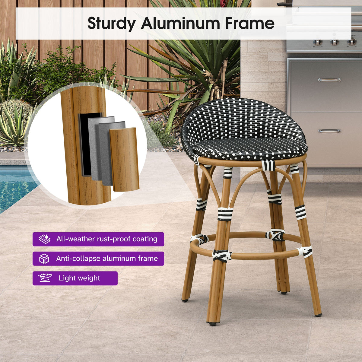 PURPLE LEAF Patio Oversized Backrest Bar Height Stool Set of 2 Outdoor Round Barstools Aluminum Frame Woven Rattan for Indoor Kitchen Dining Bistros Cafe Restaurant