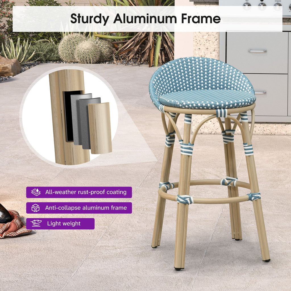 PURPLE LEAF Patio Oversized Backrest Bar Height Stool Set of 2 Outdoor Round Barstools Aluminum Frame Woven Rattan for Indoor Kitchen Dining Bistros Cafe Restaurant