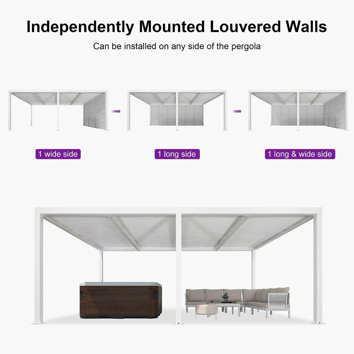 PURPLE LEAF Athena Louvered Pergola white Outdoor Aluminum Pergola with Shutter Wall Adjustable Gazebo Rainproof for Patio Deck Garden
