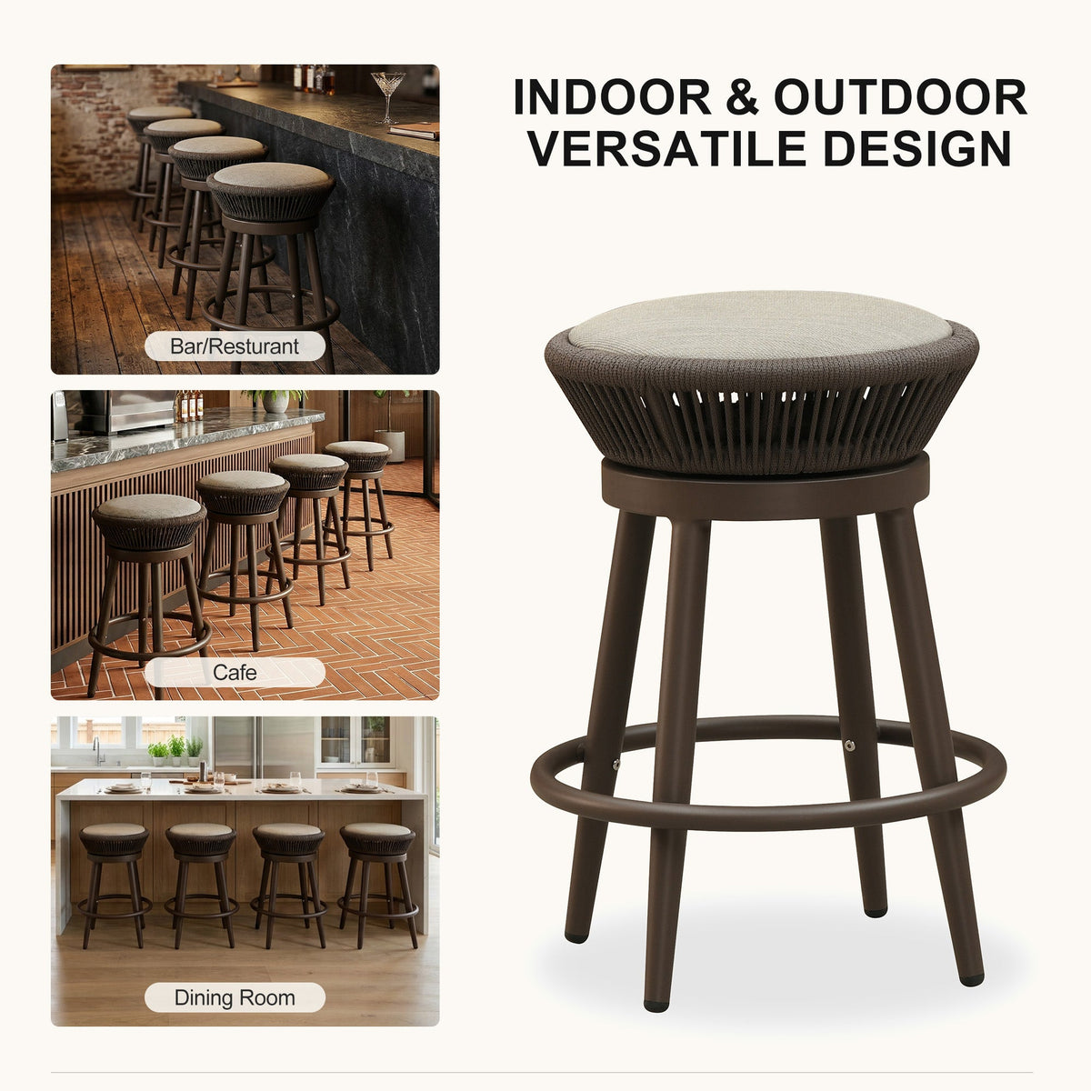 PURPLE LEAF Outdoor Swivel Bar Stools Set of 2 Metal Modern Rattan Bar Chairs with Backrest Aluminum Woven Barstools with Cushions