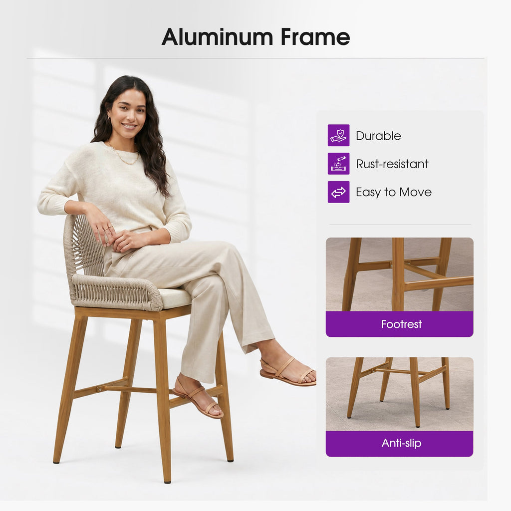 PURPLE LEAF Patio Bar Stools Counter Stools Outdoor Rattan Chairs with Back Modern Aluminum Woven Barstools for Garden Patio Kitchen Indoor
