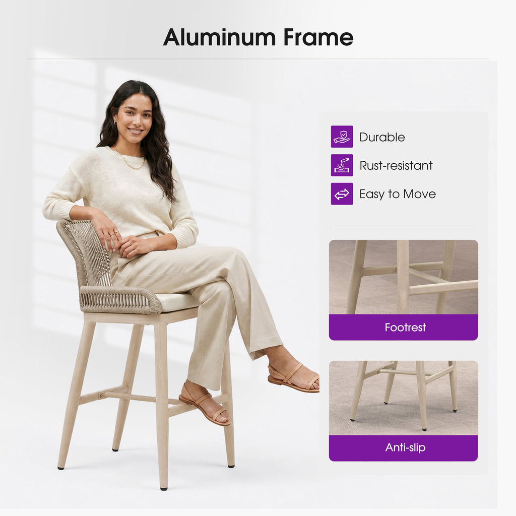 PURPLE LEAF Patio Bar Stools Counter Stools Outdoor Rattan Chairs with Back Modern Aluminum Woven Barstools for Garden Patio Kitchen Indoor