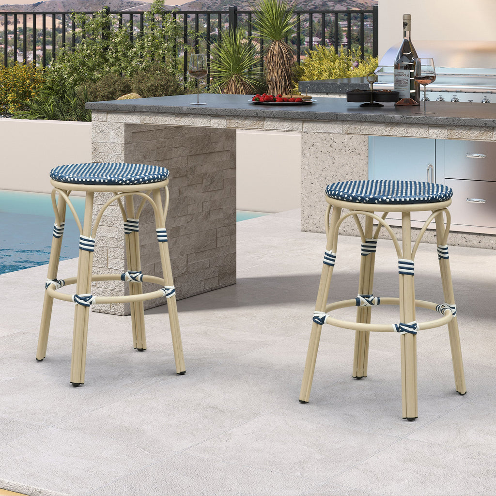 PURPLE LEAF Patio French Round Counter Stool Set of 2 Rattan Backless Stackable Barstools Aluminum Frame Footrest with Woven Wicker for Outdoor Kitchen Yard