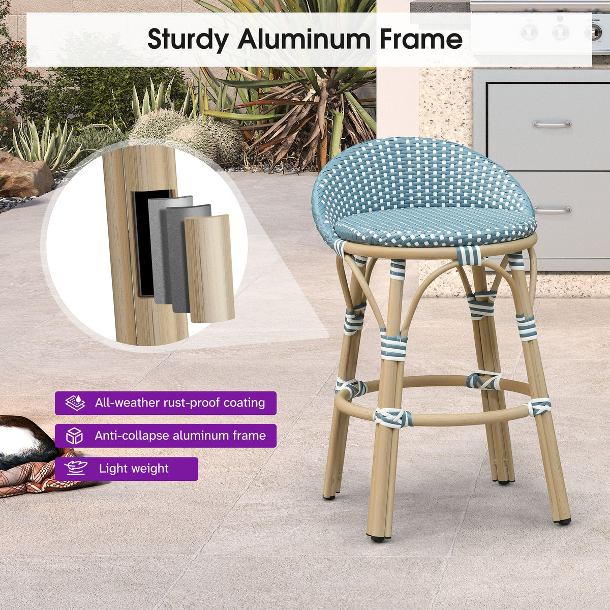 PURPLE LEAF Patio Oversized Backrest Bar Height Stool Set of 2 Outdoor Round Barstools Aluminum Frame Woven Rattan for Indoor Kitchen Dining Bistros Cafe Restaurant