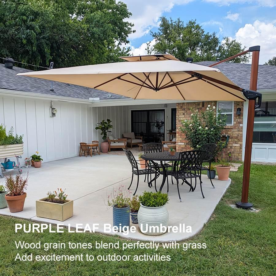 PURPLE LEAF Outdoor Garden Umbrella with Base, Cantilever Umbrellas in Wood Color