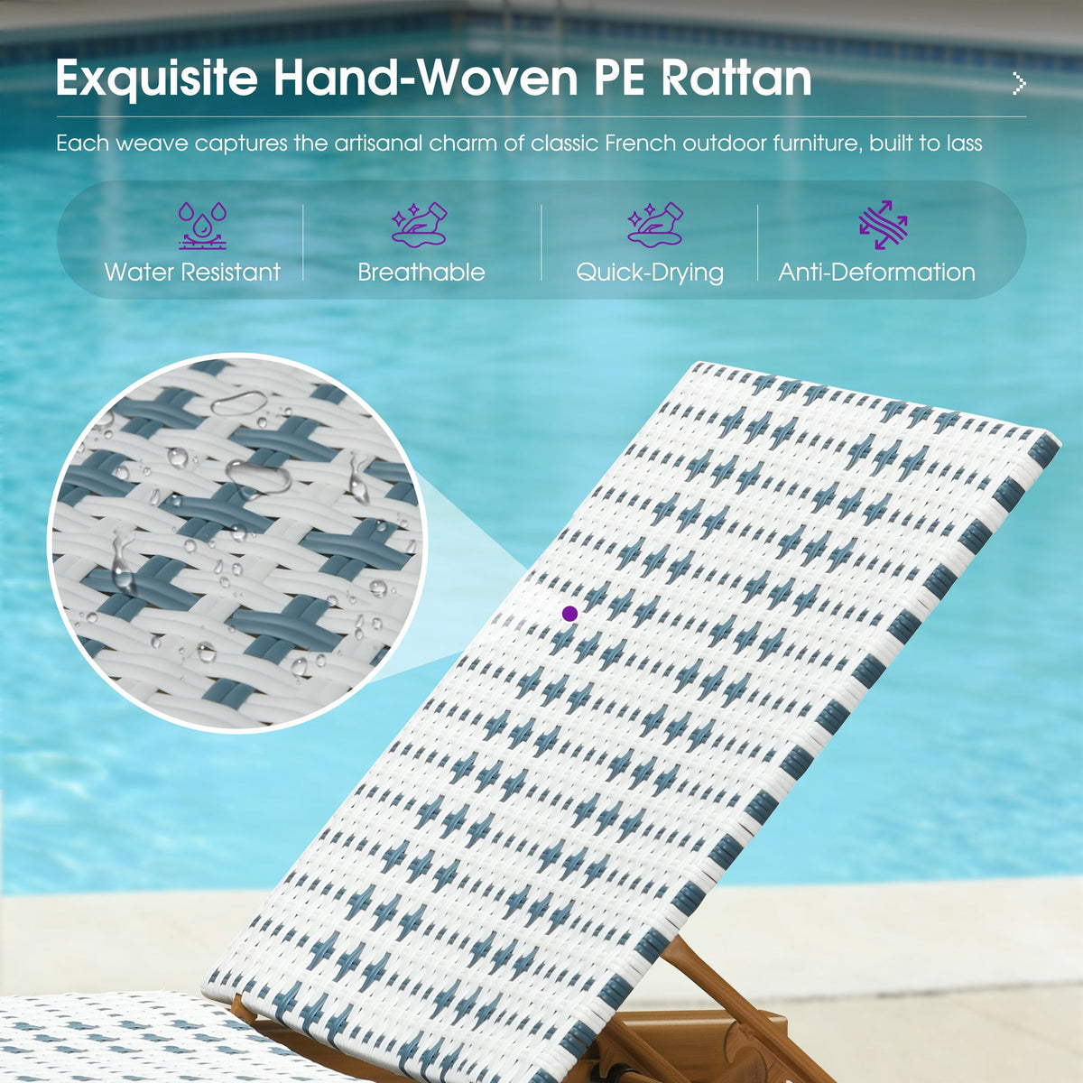 PURPLE LEAF Outdoor Teak Chaise Lounge Chair, Wood Grain Aluminum Outdoor Pool Lounge Chairs with Adjustable Backrest, Breathable Recliner for Patio, Poolside, Garden