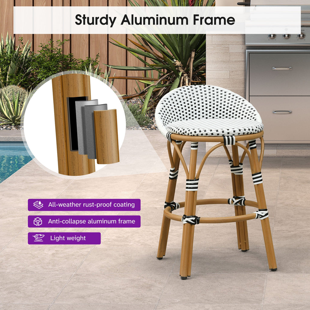 PURPLE LEAF Patio Oversized Backrest Bar Height Stool Set of 2 Outdoor Round Barstools Aluminum Frame Woven Rattan for Indoor Kitchen Dining Bistros Cafe Restaurant