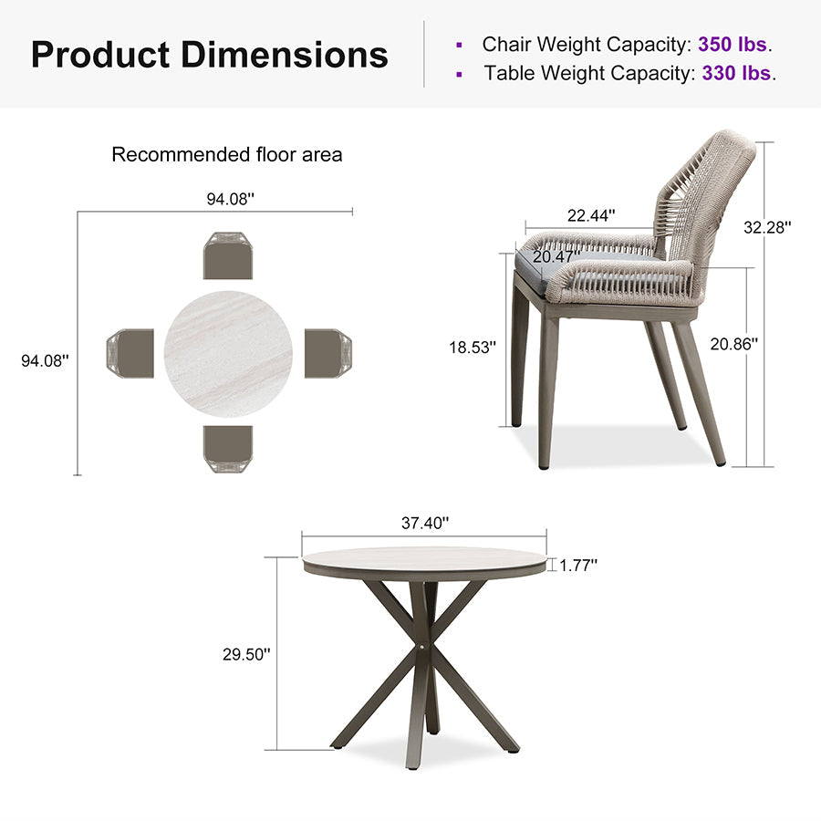 PURPLE LEAF Round Outdoor Dining Set Patio Aluminum Dining Set Round Table and Wicker Chairs with Sunbrella Cushions for Kitchen Deck