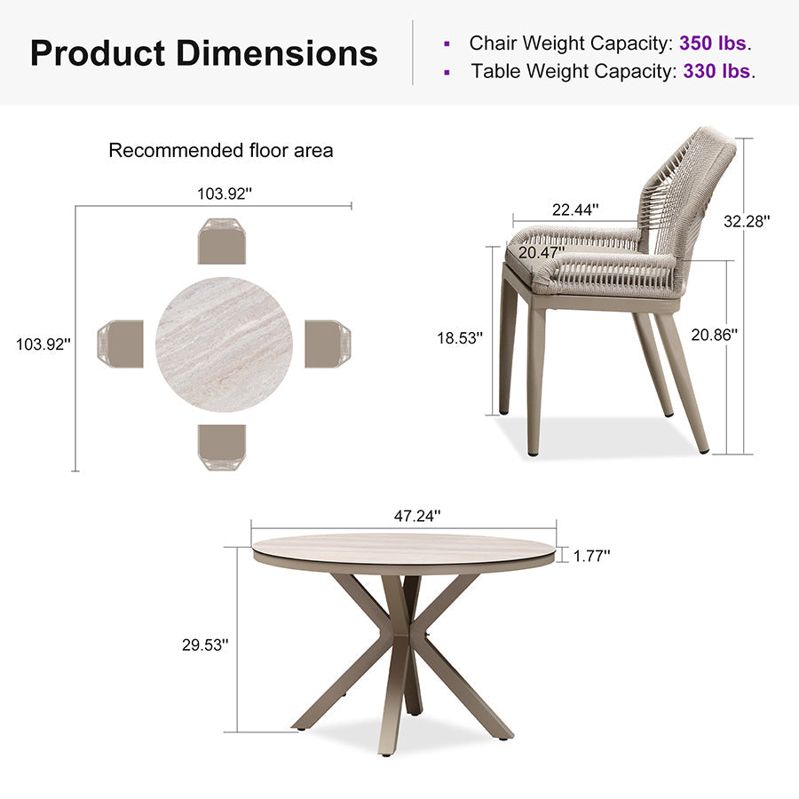 PURPLE LEAF Round Outdoor Dining Set Patio Aluminum Dining Set Round Table and Wicker Chairs with Sunbrella Cushions for Kitchen Deck
