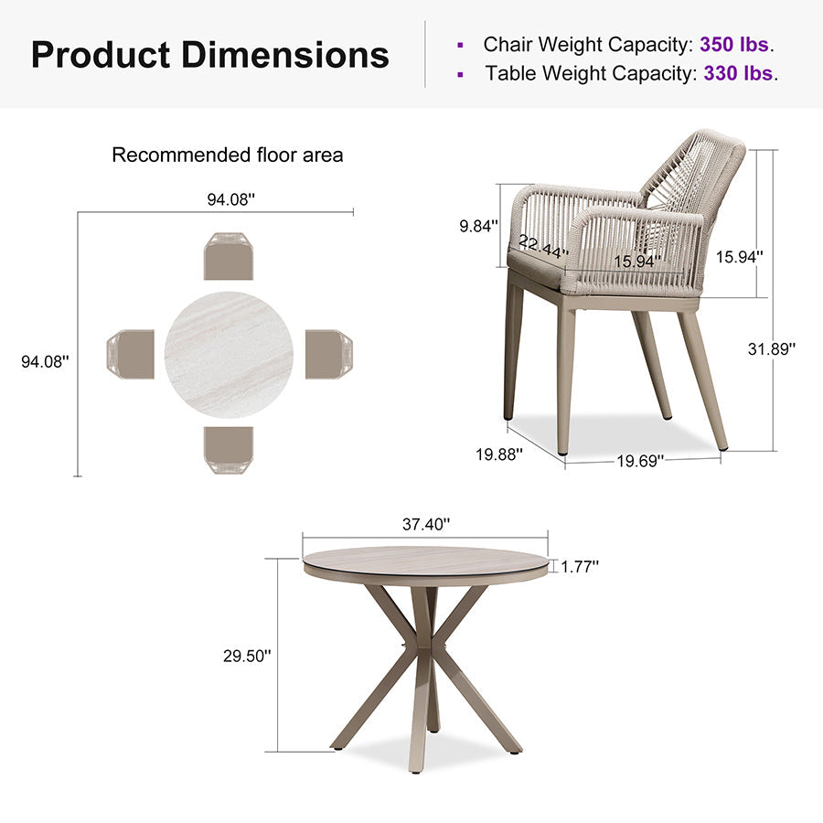 PURPLE LEAF Round Outdoor Dining Set Patio Aluminum Dining Set Round Table and Wicker Chairs with Sunbrella Cushions for Kitchen Deck