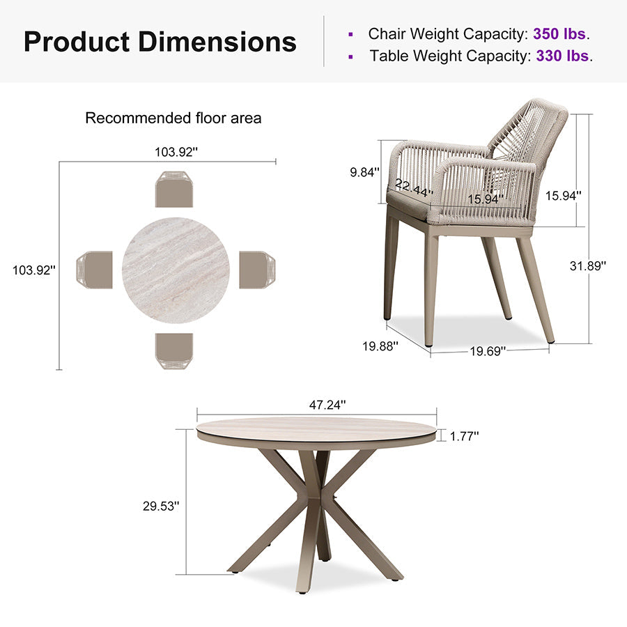 PURPLE LEAF Round Outdoor Dining Set Patio Aluminum Dining Set Round Table and Wicker Chairs with Sunbrella Cushions for Kitchen Deck