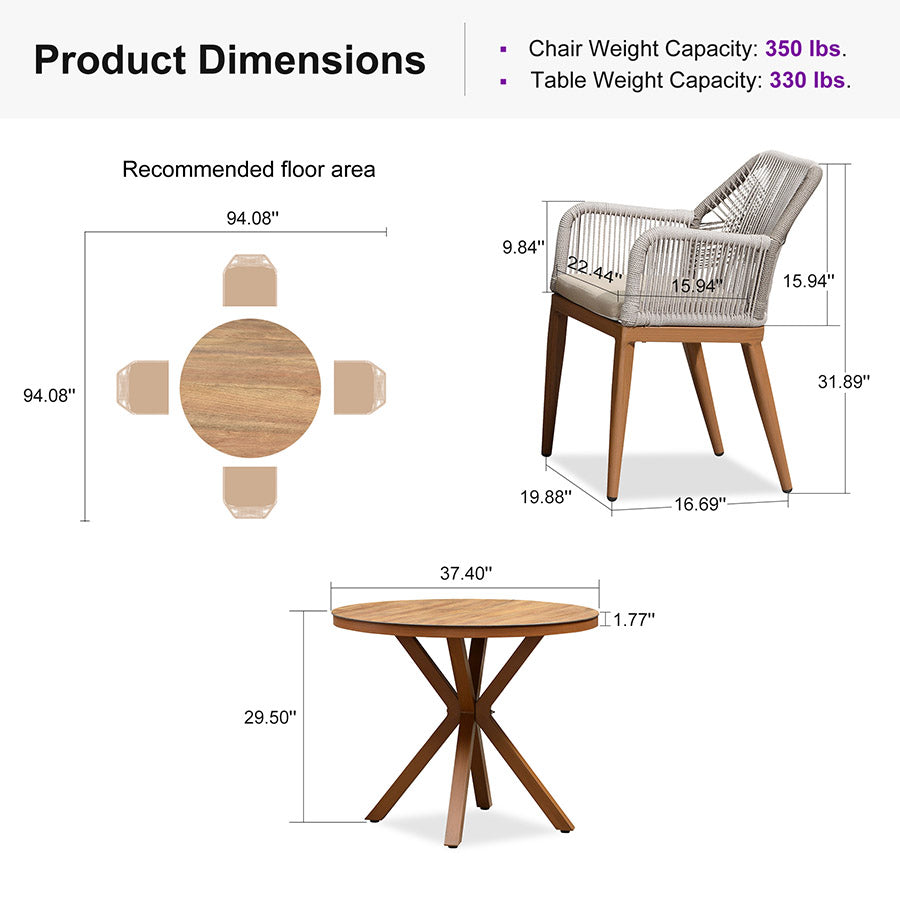 PURPLE LEAF Round Outdoor Dining Set Patio Aluminum Dining Set Round Table and Wicker Chairs with Sunbrella Cushions for Kitchen Deck