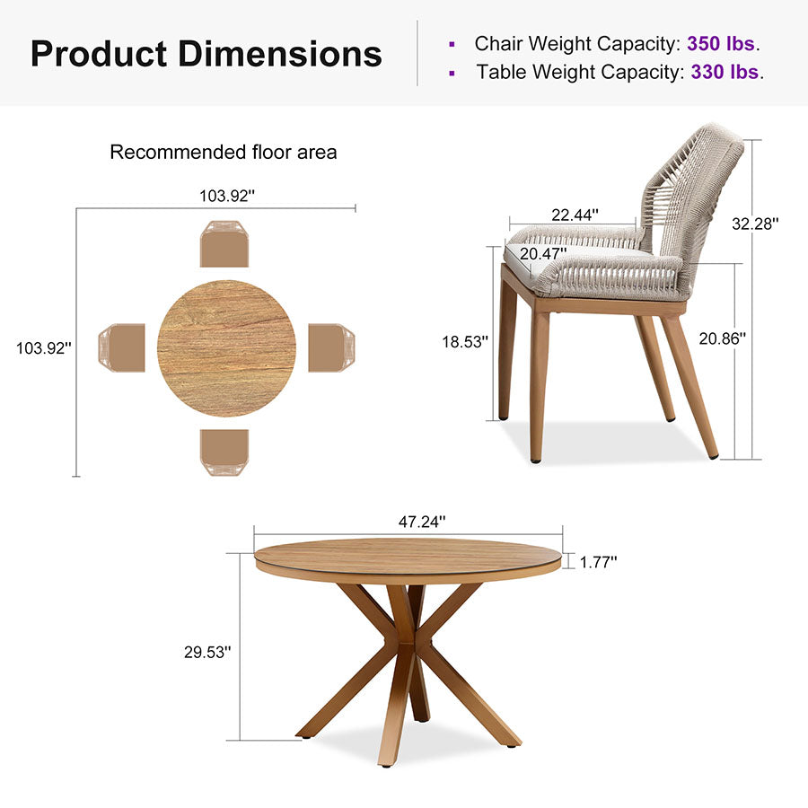 PURPLE LEAF Round Outdoor Dining Set Patio Aluminum Dining Set Round Table and Wicker Chairs with Sunbrella Cushions for Kitchen Deck