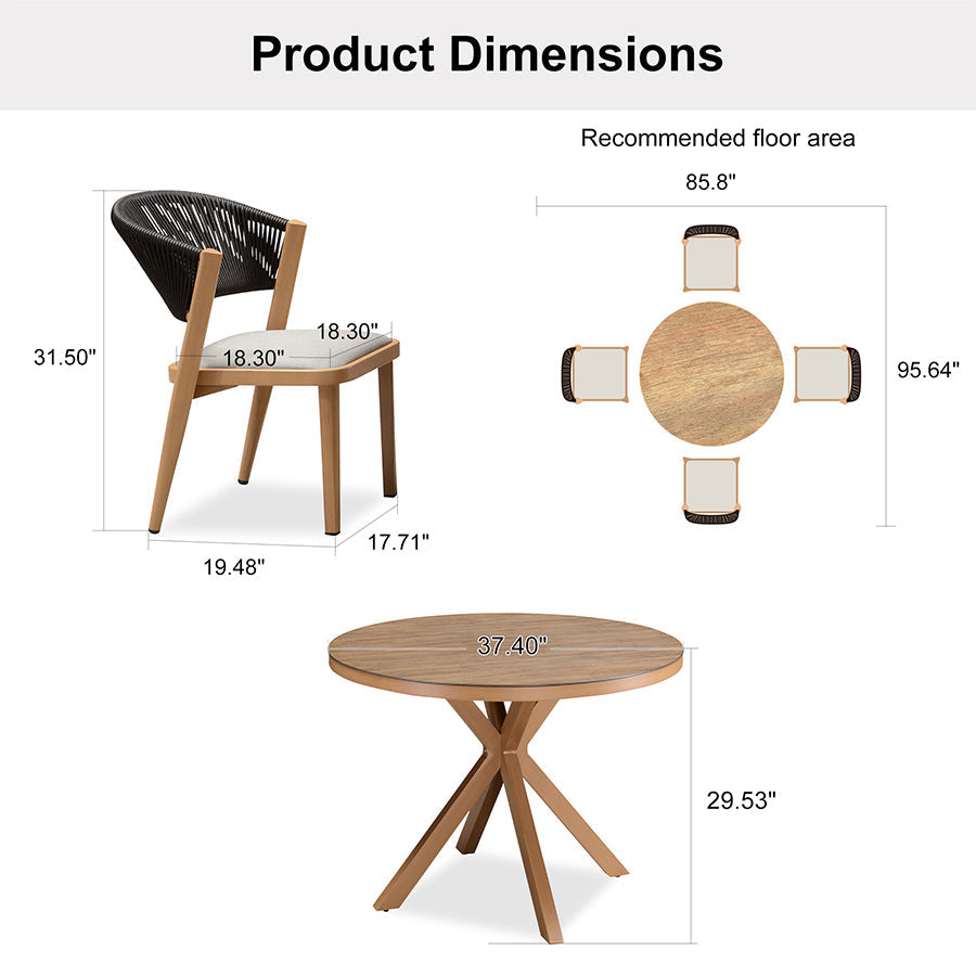 PURPLE LEAF Round Patio Dining Set with Aluminum Frame and Wicker Rattan Dining Chair with Comfortable Cushions for Deck Porch Kitchen Outdoor