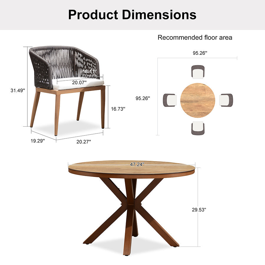 PURPLE LEAF Round Patio Dining Set with Aluminum Frame and Wicker Rattan Dining Chair with Comfortable Cushions for Deck Porch Kitchen Outdoor