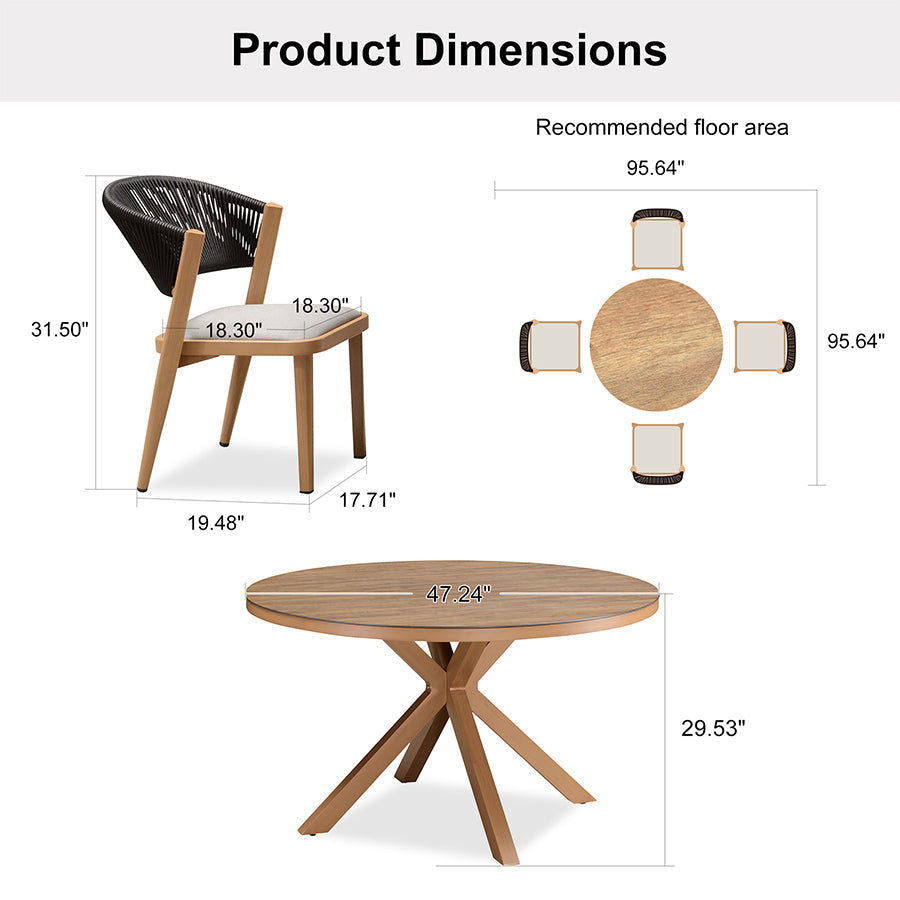 PURPLE LEAF Round Patio Dining Set with Aluminum Frame and Wicker Rattan Dining Chair with Comfortable Cushions for Deck Porch Kitchen Outdoor