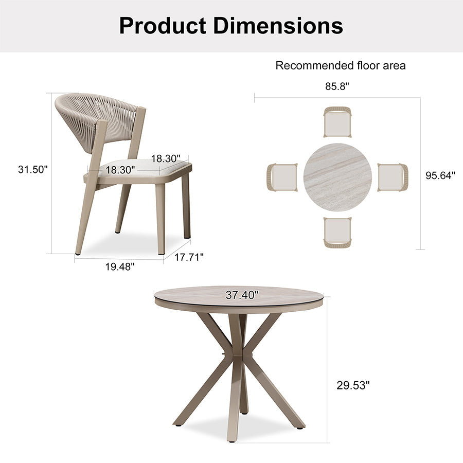 PURPLE LEAF Round Patio Dining Set with Aluminum Frame and Wicker Rattan Dining Chair with Comfortable Cushions for Deck Porch Kitchen Outdoor