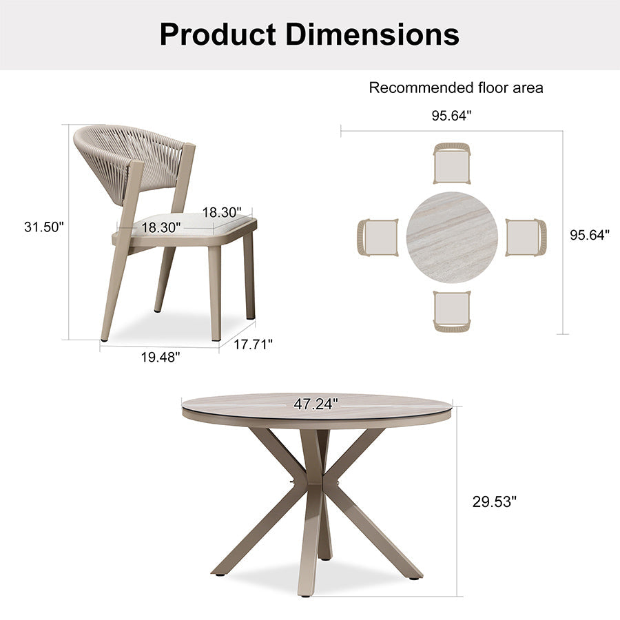 PURPLE LEAF Round Patio Dining Set with Aluminum Frame and Wicker Rattan Dining Chair with Comfortable Cushions for Deck Porch Kitchen Outdoor